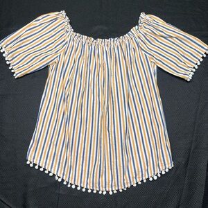 Roommates Blue and Yellow Striped Off-Shoulder Blouse with Pom Pom Accents